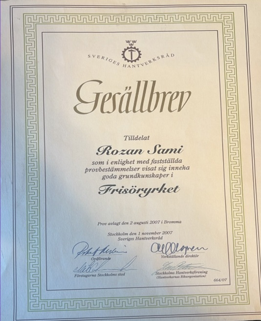 Gesällbrev – Rozan, certifierad frisör