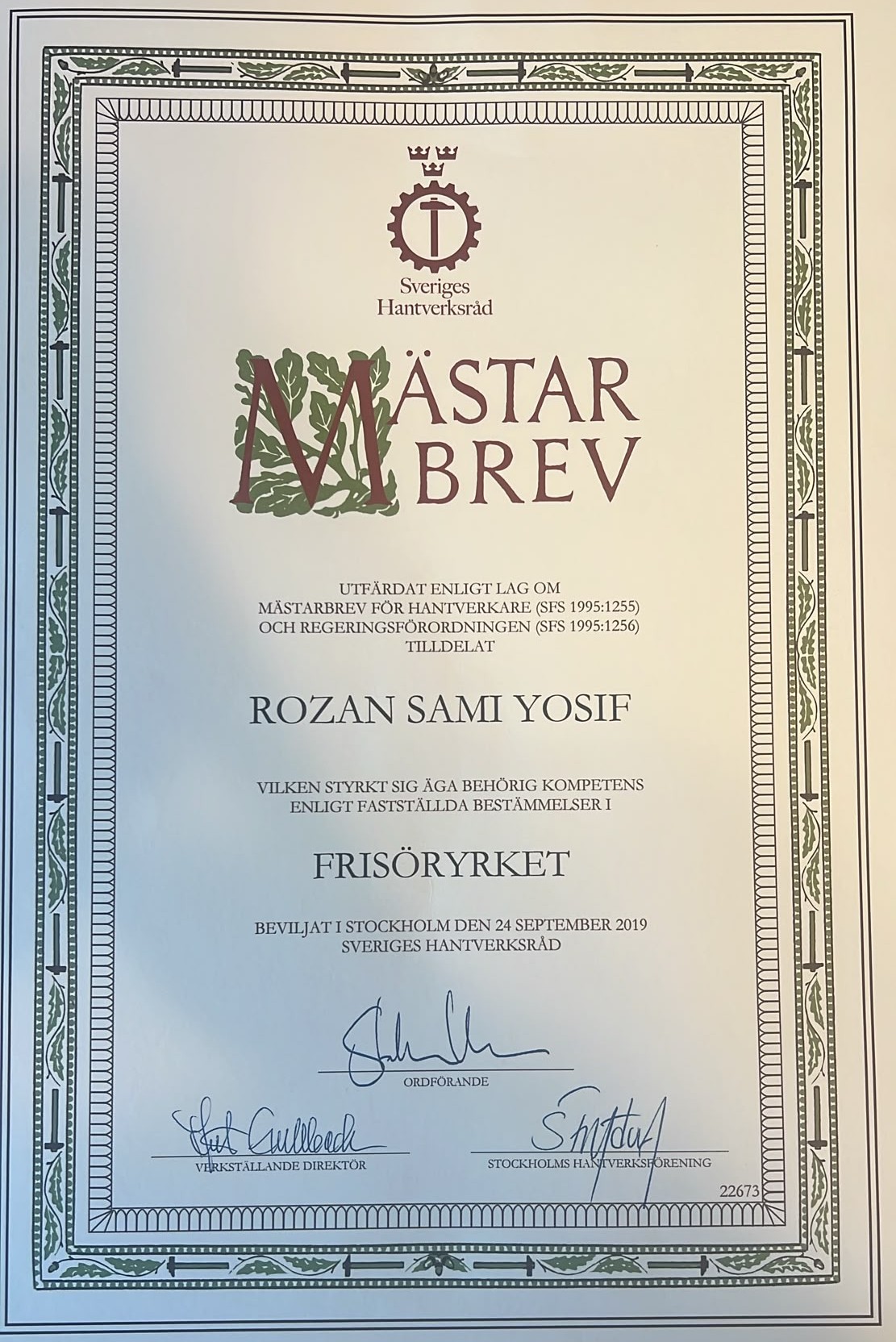 Mästerbrev – Rozan, frisörmästare